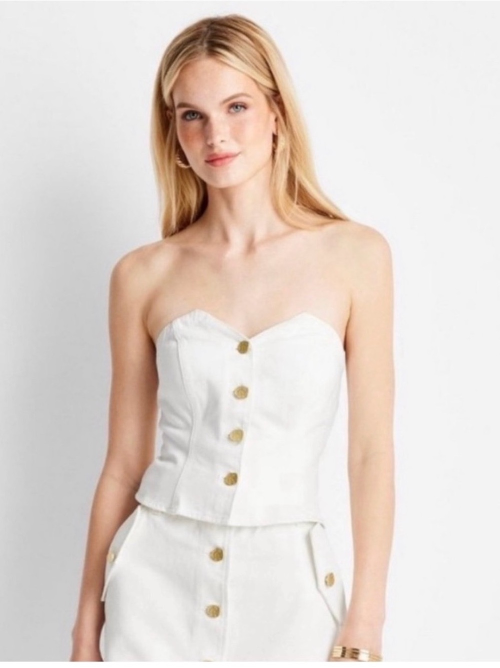 Strapless White Button-Front Corset Top